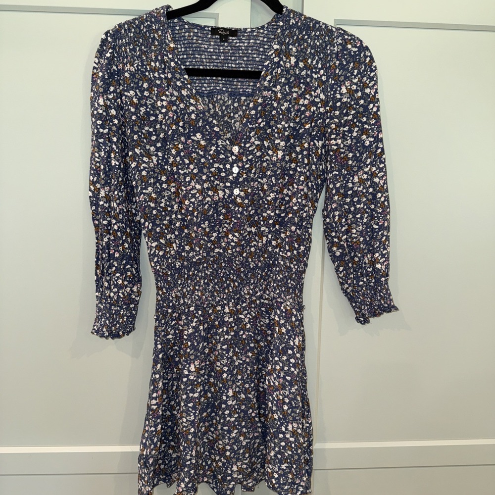 Rails Zana Dress Blue Ditsy Floral Size Small Smocked Waist And Wrists Mini